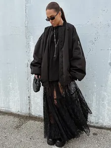 Elegant black high-waisted sheer lace maxi skirt for women's fashion streetwear
