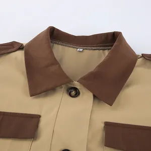 Detailed close-up of the brown collar and button design on a khaki oversized barn coat.