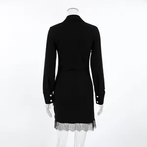 Back view of a black slim-fit shirt dress featuring an elegant lace-trimmed hem