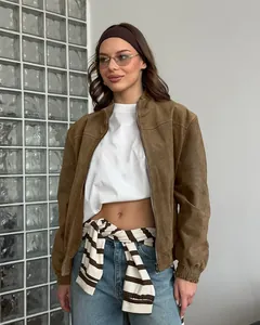 Vintage streetstyle kaki faux suède bomberjack voor dames met een minimalistisch ontwerp