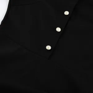 Close-up view of delicate white pearl buttons on elegant black slimming shirt dress texture
