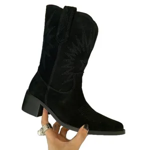Women's vintage embroidered suede western cowboy boots with chunky heel and pointed toe