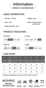 Comprehensive size chart and product specifications for leopard print long sleeve bodysuit