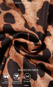 Macro view of leopard print knitted fabric showing the soft polyester fiber texture