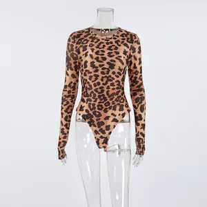 Detailed front view of women's leopard print long sleeve knit bodysuit on mannequin