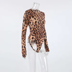 Detailed side view of a stylish leopard print long sleeve knit bodysuit on mannequin