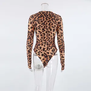 Detailed back view of a slim-fit leopard print long-sleeved bodysuit with round neck