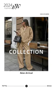 Detail of khaki half-zip sweatshirt and wide-leg trousers set in urban street setting