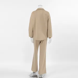 Back view of a khaki loose street style sweatshirt and wide-leg pants set on a mannequin