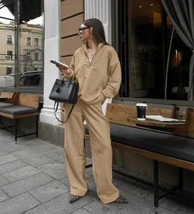 Street style khaki two-piece sweatshirt set with a half-zip top and wide-leg pants
