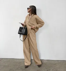 Khaki loose stand collar sweatshirt set with wide leg pants for women street style