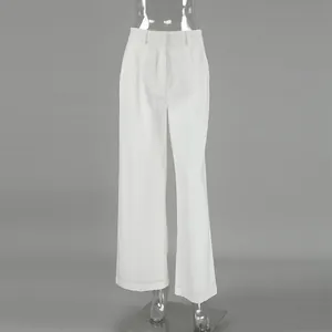 Professional front view of white high-waisted wide-leg trousers on a transparent mannequin