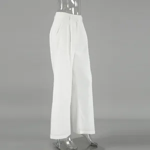 Side view of high-waisted white wide-leg trousers in breathable cotton linen fabric