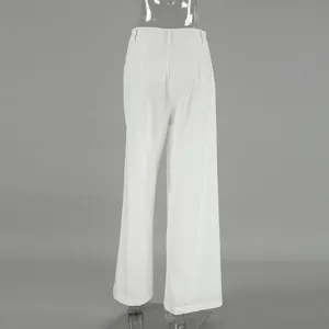 Back view of elegant white high-waist wide-leg trousers in breathable cotton linen