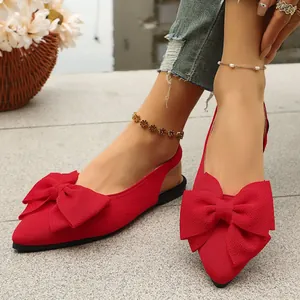 Stylish red pointed-toe slingback sandals with elegant oversized bow for women
