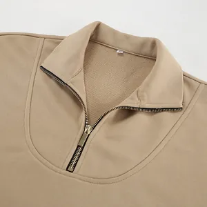 Close-up of khaki sweatshirt with polo collar and gold quarter-zip detail