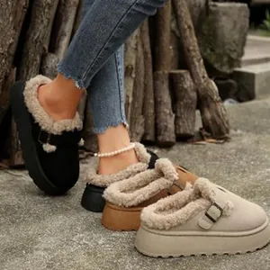 Close-up showing black, tan, and beige plush-lined platform clogs with buckle straps