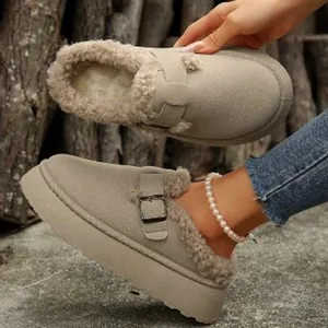 Cozy warm beige faux fur lined mules for women with thick platform sole for autumn winter