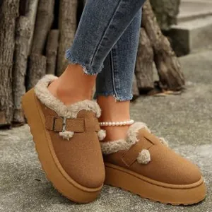 Close-up detail of women's warm brown platform clogs featuring cozy faux fur lining