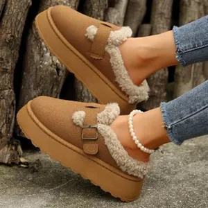 Close-up detail of warm faux-fur lined platform clogs with adjustable buckle strap for winter