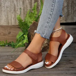 Women Roman Wedge Sandals Summer Beach Shoes Hook And Loop One Strap Solid Color Non Slip Comfortable PU Leather Footwear