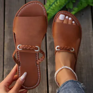 Dames Geweven Platte Slides Sandalen Casual PU Leer Strandschoenen Zomer Open Teen Instappers Effen Sandalen Voor Dagelijks Vakantie