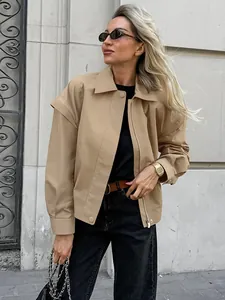 Damen Khaki Cargo Jacke Französischer Stil Revers Lockerer Bomberjacke Herbst Einfache Baumwollmischung Windjacke Casual Streetwear Oberbekleidung