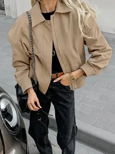 Modische khakifarbene Damen-Bomberjacke mit französischem Revers und Reißverschluss