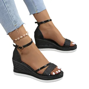 Stylish black glitter wedge sandals with ankle strap and open toe for summer