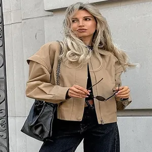 Khaki Damen Utility-Jacke im französischen Stil mit Reverskragen in Streetwear-Optik