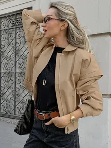 Stilvolle Khaki-Bomberjacke mit französischem Revers für Damen im Workwear-Stil