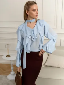 Blusa de Gasa de Manga Larga con Volantes y Cuello en V para Mujer Camisa Holgada Elegante con Lazada Top Oficina Diario