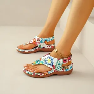 Ethnic floral embroidery thong sandals for women with wedge heel and back strap