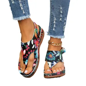 Women's ethnic floral embroidered platform thong sandals with adjustable back strap