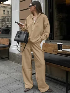 Women Khaki Sweatshirt Set Half Zipper Stand Collar Loose Pullover Top And Wide Leg Pants Street Casual Outfits