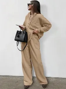Two-piece khaki women's sweatshirt set featuring a stand collar and wide-leg lounge pants