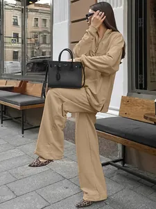 Chic khaki loose stand-collar sweatshirt and wide-leg pants two-piece set for women