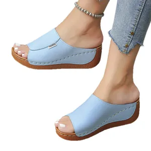 Stylish women's blue peep-toe wedge slippers with thick sole for casual summer wear