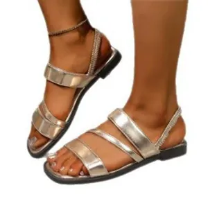Eleganti sandali bassi romani metallizzati oro da donna comode scarpe da spiaggia