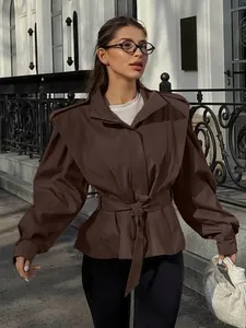 Women French Vintage Trench Coat Autumn Winter Waist Tie Lapel Long Sleeve Solid Color Office Commute Windbreaker Outerwear