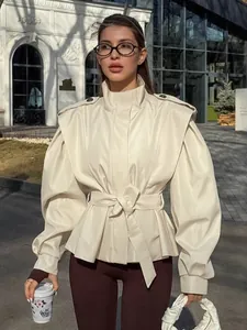 Elegant cream belted trench jacket with puff sleeves and waist tie for women fashion
