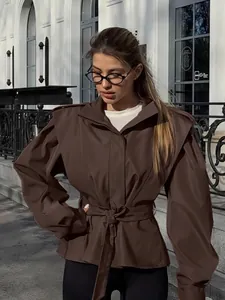 Elegant French style coffee brown belted windbreaker jacket for women with lapel collar