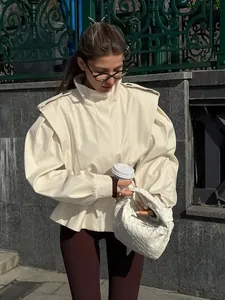 Elegant French style cream windbreaker jacket with cinched waist and long sleeves for women