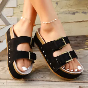Women Fashion Platform Slides Rivet Decor Double Buckle Strap Casual Beach Clogs Birkenstock Style Sandals