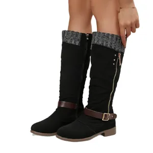 Stylish women's knee-high winter boots with buckle strap and grey knitted collar accents