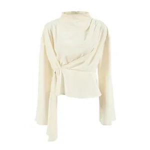 Elegant French cream chiffon blouse with standing collar and split bell sleeves for women