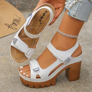 White platform wedge sandals for women with adjustable velcro straps and chunky heel