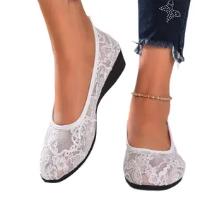 Breathable white lace mesh flat shoes for women with elegant floral round toe design