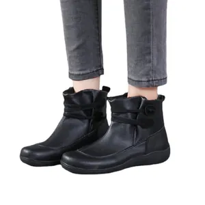Comfortable black leather ankle boots for women with cozy faux fur lining for winter