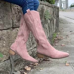 Gros plan de bottes de cow-boy roses brodées pour femmes avec talon épais en bois